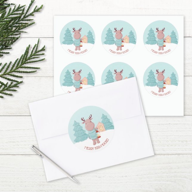 Merry Kiss Moose Funny Christmas Classic Round Sticker (Creator Uploaded)
