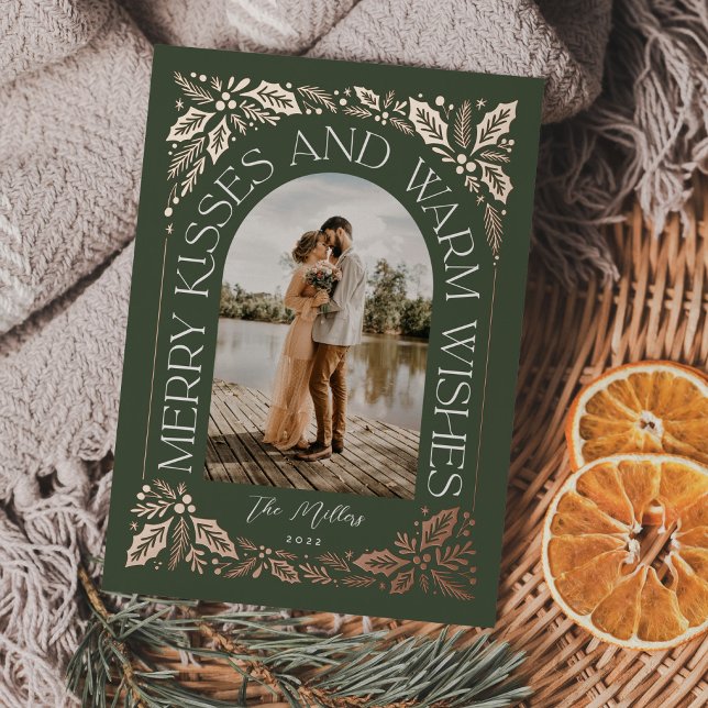 Merry Kisses and Warm Wishes Berry Arch Photo Foil Holiday Card (Creator Uploaded)