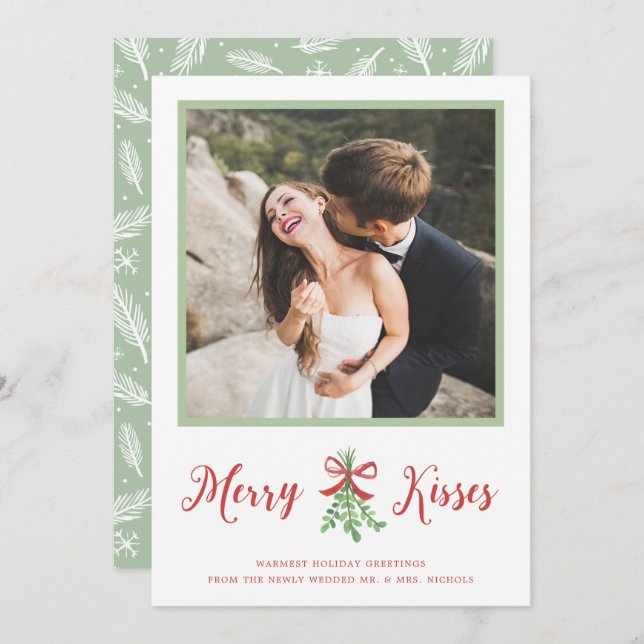 Merry Kisses Newlywed Mistletoe Christmas Photo Holiday Card (Front/Back)