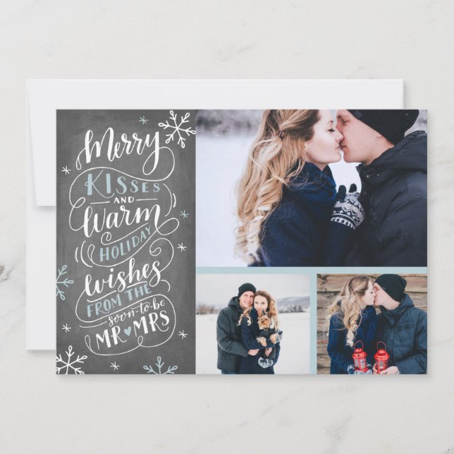 Merry Kisses Warm Wishes | Holiday | Blue  3-Photo Save The Date (Front)