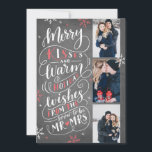 Merry Kisses Warm Wishes Save The Date 3 Photo Red<br><div class="desc">This modern and chic holiday photo card doubles as a save the date card for the newly engaged couple. The front features 3 of your photos accented by hand drawn snowflakes and hand lettered typography that says "Merry Kisses and Warm Holiday Wishes From The Soon To Be Mr. and Mrs."...</div>