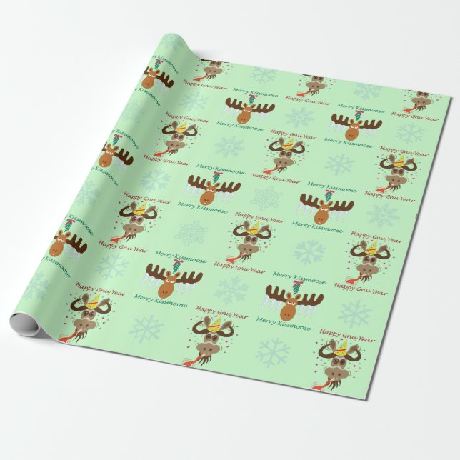 Merry Kissmoose_Happy Gnu Year pattern_green Wrapping Paper (Unrolled)