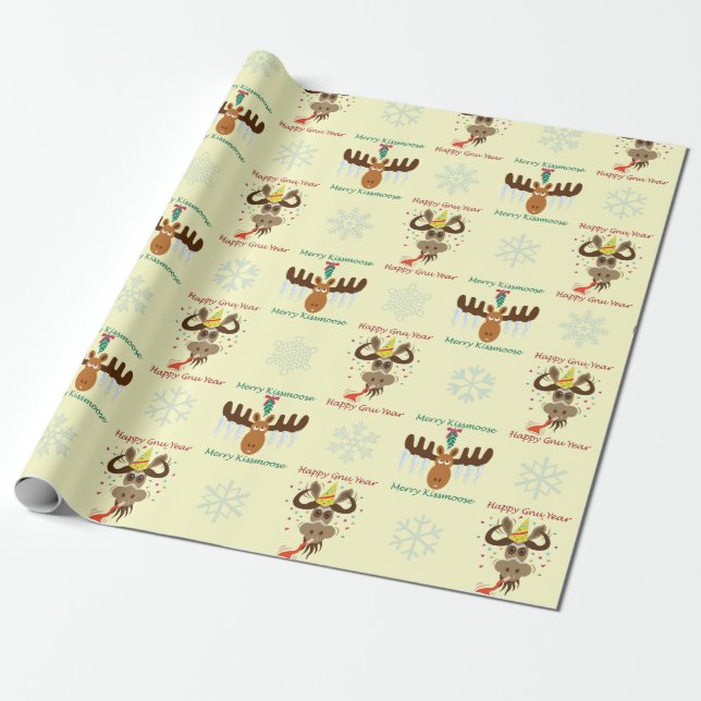 Merry Kissmoose_Happy Gnu Year pattern_yellow Wrapping Paper (Unrolled)