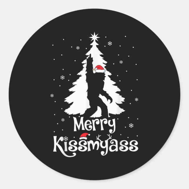 Merry Kissmy Funny Bigfoot Yeti Sasquatch Christma Classic Round Sticker (Front)