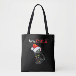 Merry Kissmy..ss Black Cat Christmas Lights Cat In Tote Bag