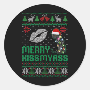 Merry Kissmy Xmas Fun Black Cat Christmas Lights Classic Round Sticker