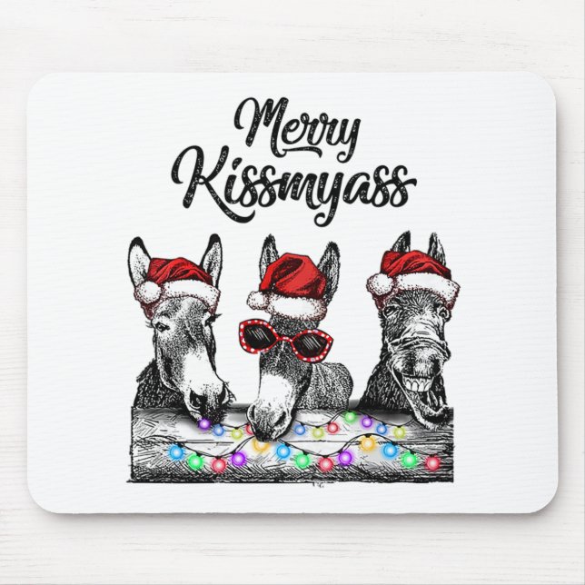 Merry Kissmyass Donkey Santa Hat String Lights Mouse Pad (Front)