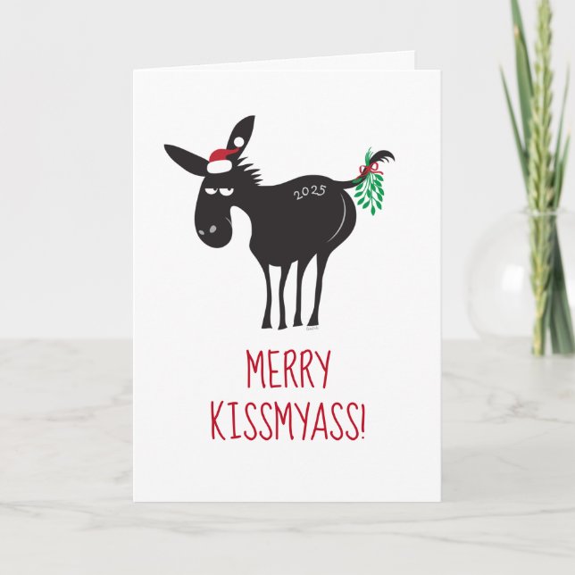Merry KissMyAss! Donkey with Mistletoe Holiday Card (Front)