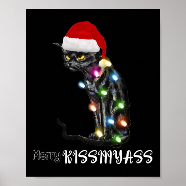 Merry Kissmyass Fun Cat Christmas Lights 1 Poster (Front)