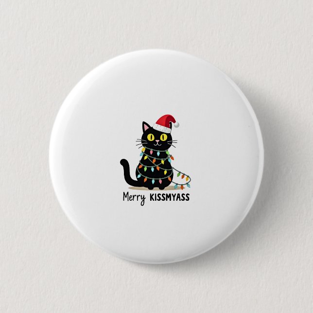 Merry Kissmyass Funny Cat Christmas Lights Premium 6 Cm Round Badge (Front)