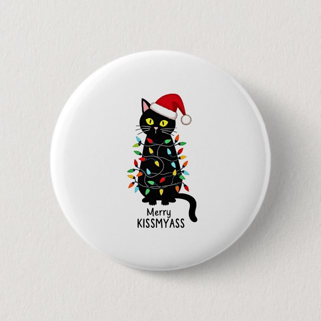 Merry Kissmyass Funny Cat Christmas Lights Premium 6 Cm Round Badge (Front)