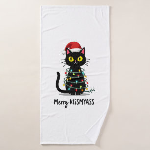 Merry Kissmyass Funny Cat Christmas Lights Premium Bath Towel