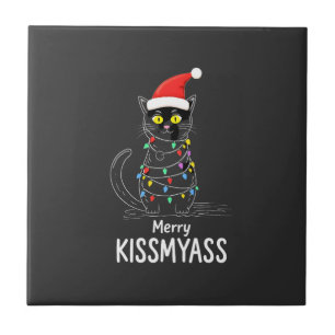 Merry Kissmyass Funny Cat Christmas Lights Premium Ceramic Tile