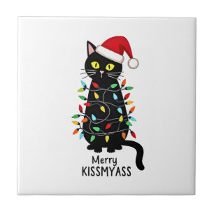 Merry Kissmyass Funny Cat Christmas Lights Premium Ceramic Tile