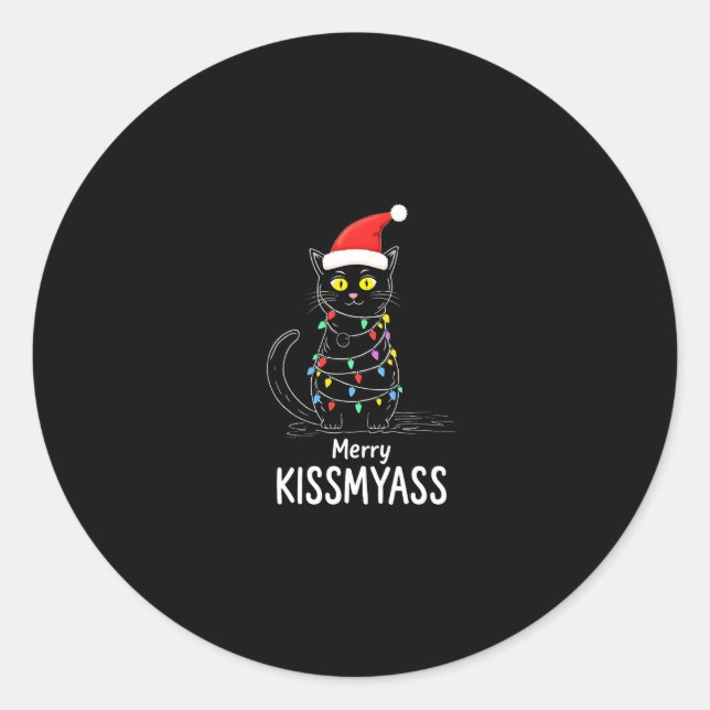 Merry Kissmyass Funny Cat Christmas Lights Premium Classic Round Sticker (Front)