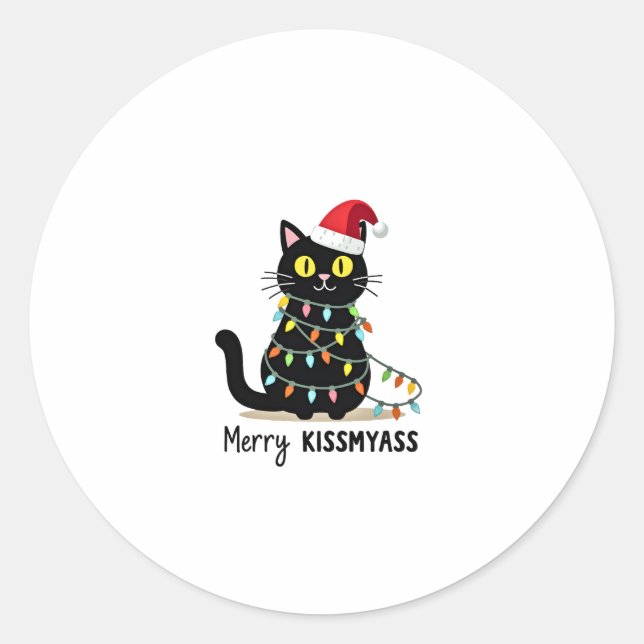 Merry Kissmyass Funny Cat Christmas Lights Premium Classic Round Sticker (Front)