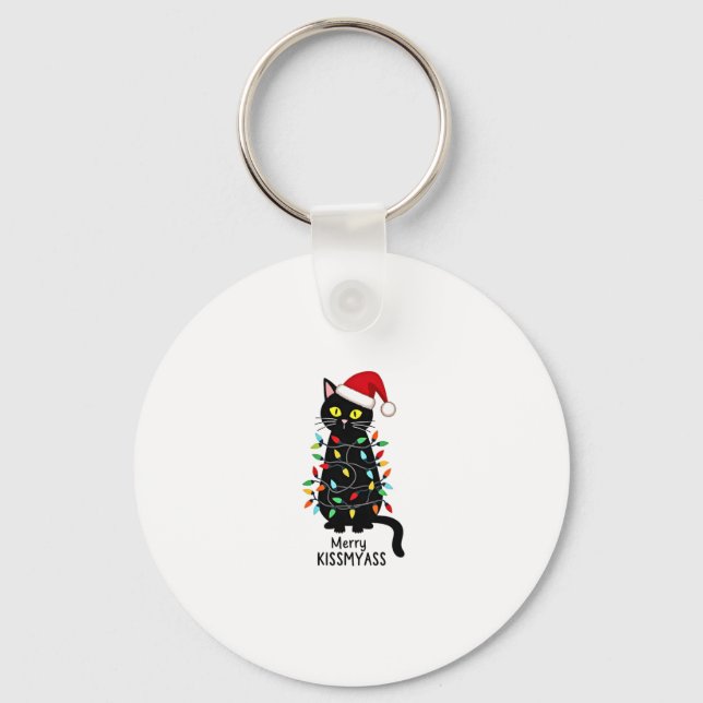 Merry Kissmyass Funny Cat Christmas Lights Premium Key Ring (Front)