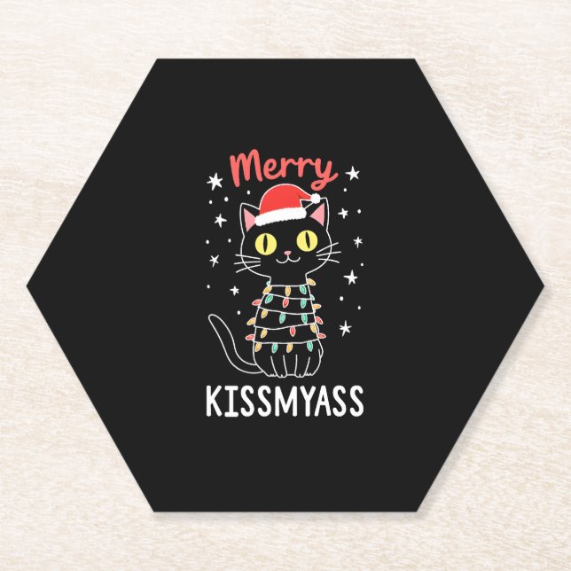 Merry Kissmyass Funny Cat Christmas Lights Premium Paper Coaster (Front)