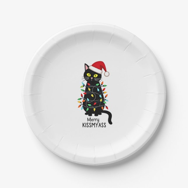 Merry Kissmyass Funny Cat Christmas Lights Premium Paper Plate (Front)