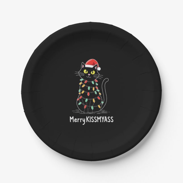 Merry Kissmyass Funny Cat Christmas Lights Premium Paper Plate (Front)