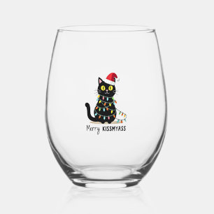 Merry Kissmyass Funny Cat Christmas Lights Premium Stemless Wine Glass