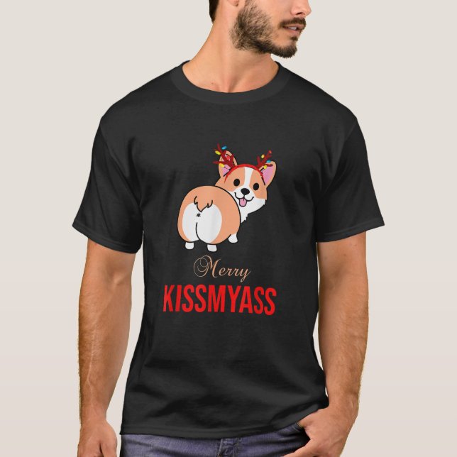 Merry Kissmyass Funny Christmas Reindeer Corgi Dog T-Shirt (Front)