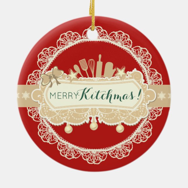 Merry kitchmas utensils culinary Christmas Ceramic Ornament (Back)