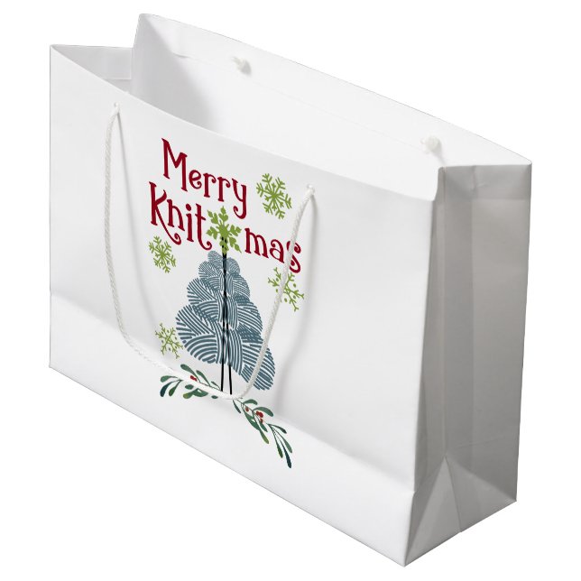 Merry Knitmas Christmas Knitting Large Gift Bag (Front Angled)