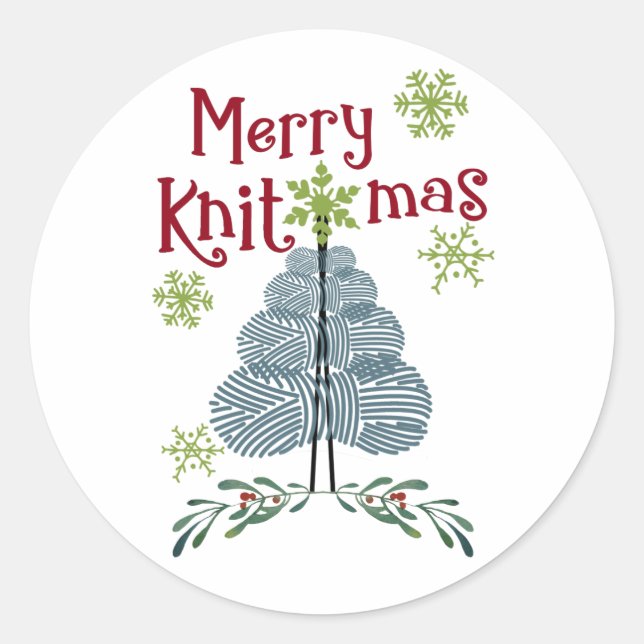 Merry Knitmas Yarn Christmas Tree Knitting Holiday Classic Round Sticker (Front)
