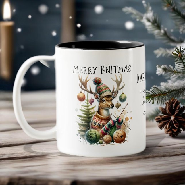 Merry Knittmas Knitting Christmas Two-Tone Coffee Mug (For yarn lovers and craft enthusiasts. )