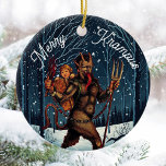 Merry Krampus Ornament<br><div class="desc">Merry Krampus! This design features an image of Krampus roaming the woods on a wintry night. The back of the ornament may be customized with your family surname and the year. In fact, all of the text and fonts may be customized, and the images may be adjusted for size and...</div>