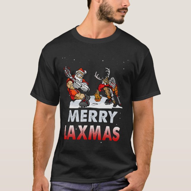 Merry Laxmas-ugly Christmas Lacrosse Santa Reindee T-Shirt (Front)