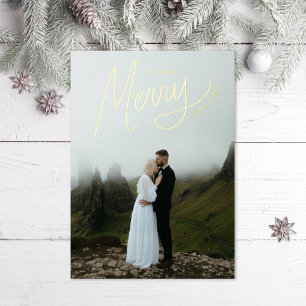 Merry Lettering Winter Wedding Photo Foil Holiday Card