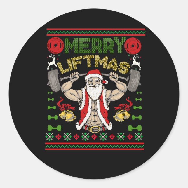 Merry Liftmas Christmas Santa Gym Fitness Weightli Classic Round Sticker (Front)