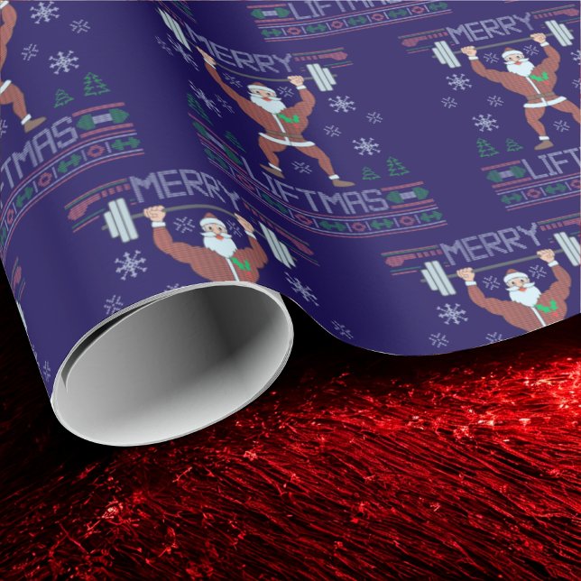 Merry Liftmas Ugly Christmas Gym Workout Blue Wrapping Paper (Creator Uploaded)