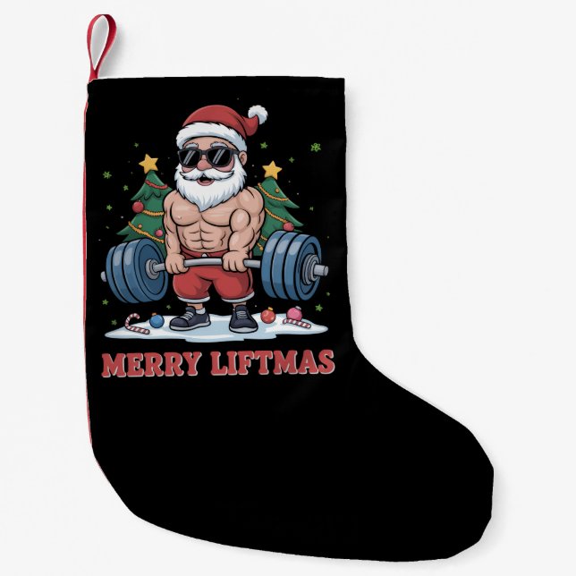 Merry Liftmas Weightlifting Santa Fitness Gym Small Christmas Stocking (Front)