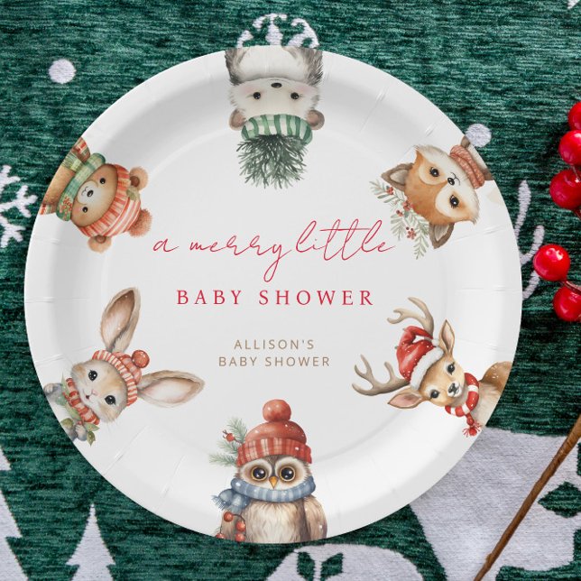 Merry little baby shower Christmas woodland animal Paper Plate (Creator Uploaded)