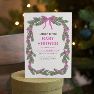 Merry Little Baby Shower Elegant Pink Bow Invitation