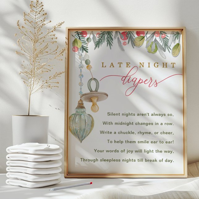 Merry Little Baby Shower Late Night Diapers Sign (Late Night Diaper Baby Shower Sign)