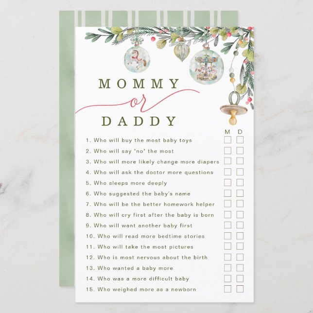 Merry Little Baby Shower Mummy or Daddy Game (Front/Back)
