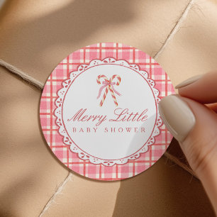 Merry Little Baby Shower Pink & Red Candy Cane Classic Round Sticker