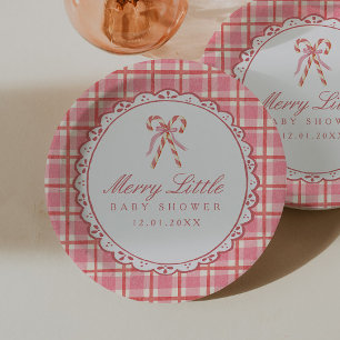 Merry Little Baby Shower Pink & Red Candy Cane Paper Plate