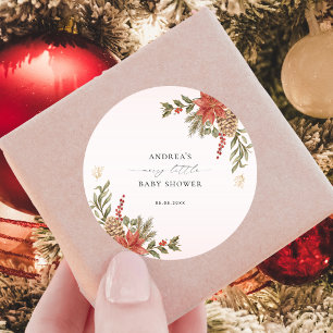 Merry Little Baby Shower Pink Red & Gold Christmas Classic Round Sticker