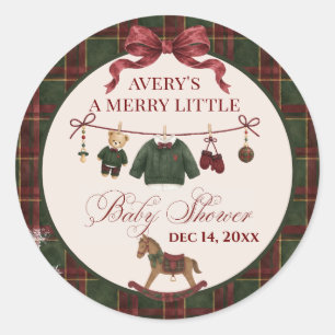 Merry Little Baby Shower, Red Green Plaid Bow Classic Round Sticker