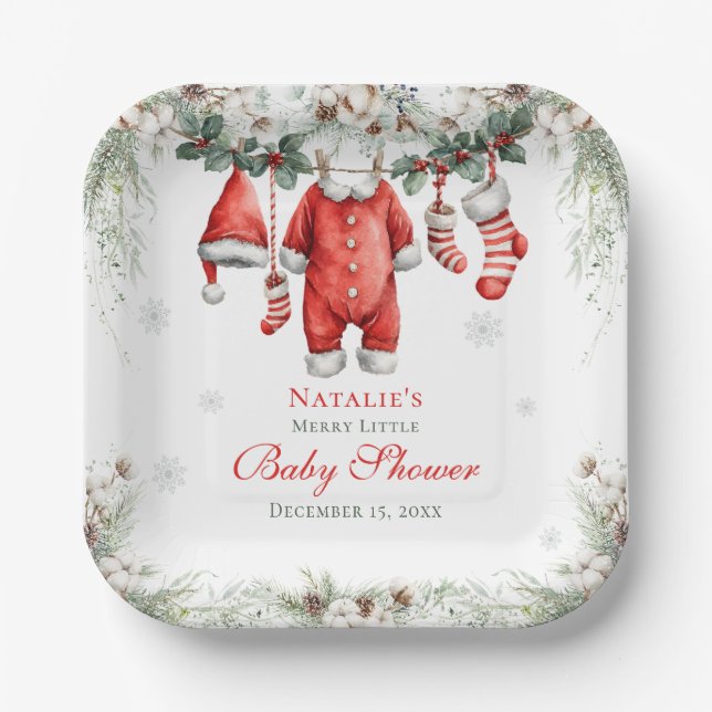 Merry Little Baby Shower Santa Clothesline Paper Plate (Front)
