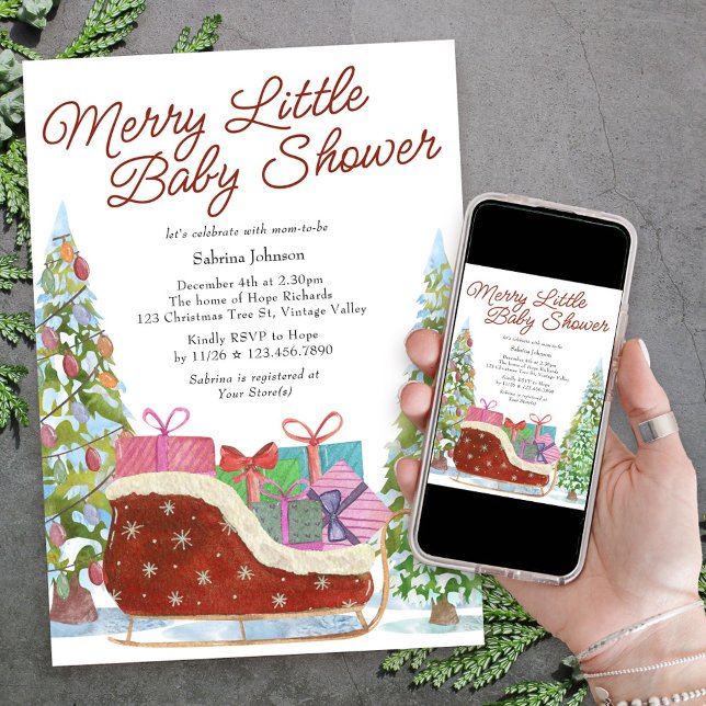 Merry Little Baby Shower Vintage Sleigh Invitation (Merry Little Baby Shower Invitation for the holiday season with christmas tree and red velvet sleigh)
