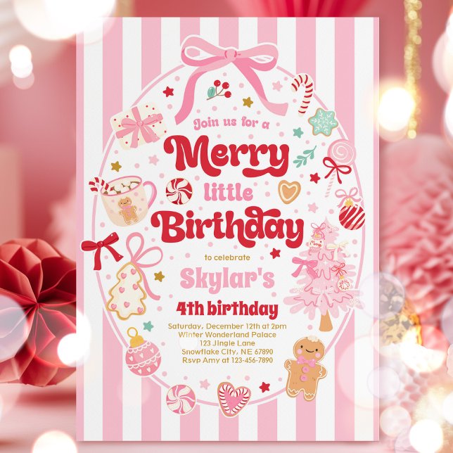 Merry Little Birthday Party Christmas Coquette Bow Invitation (Creator Uploaded)