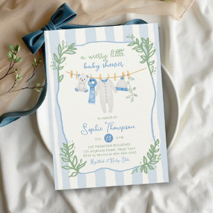 Merry Little Blue Green Striped Boy Baby Shower Invitation
