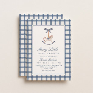 Merry Little Blue Rocking Horse Winter Baby Shower Invitation