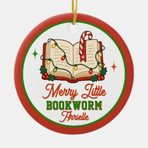 Merry Little Bookworm Reading Christmas Ceramic Ornament